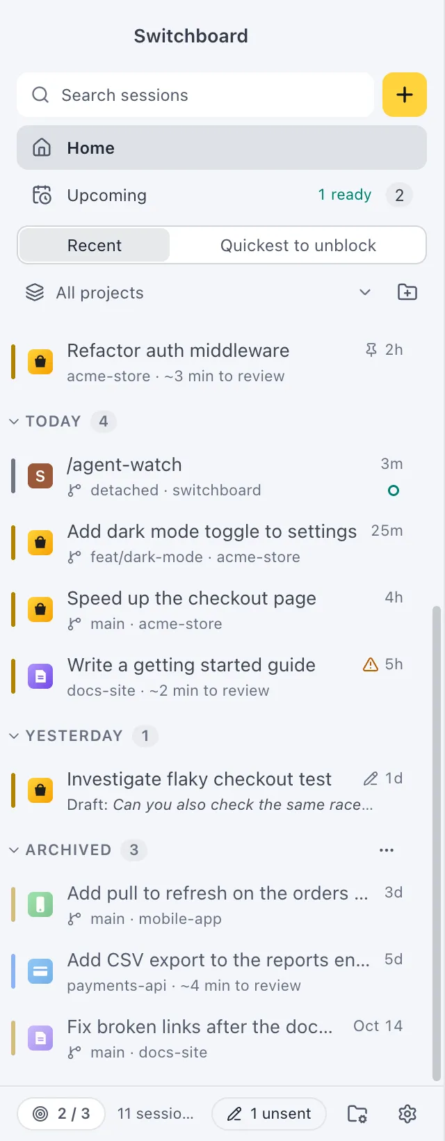 The sidebar with the Archived section opened under the other sessions, its sessions slightly faded