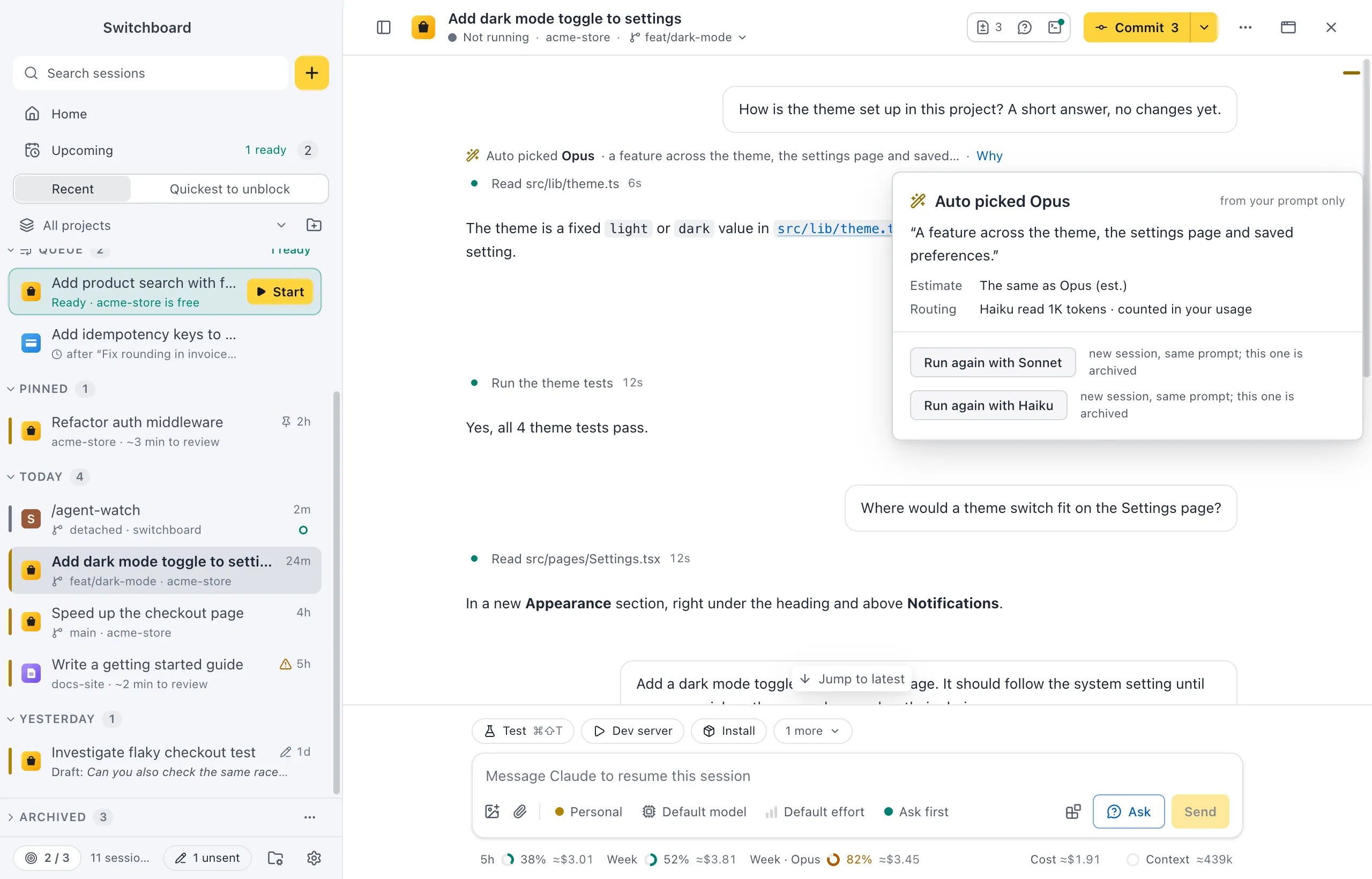 A session with the line 'Auto picked Opus' above Claude's first answer, and the popover from Why: the reason in quotes, an estimate against Opus, the Haiku tokens it used, and Run again with Sonnet and with Haiku