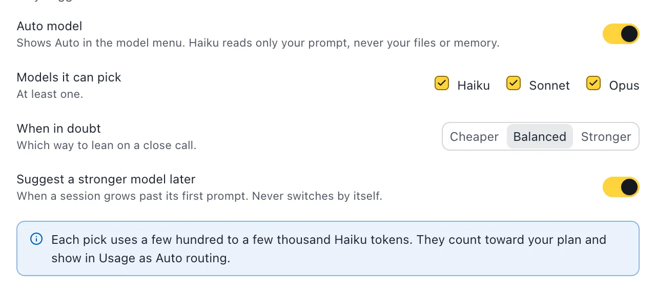 Settings, Conversation: the Auto model switch, Models it can pick with Haiku, Sonnet and Opus checked, When in doubt set to Balanced, Suggest a stronger model later, and a note about the Haiku tokens each pick uses