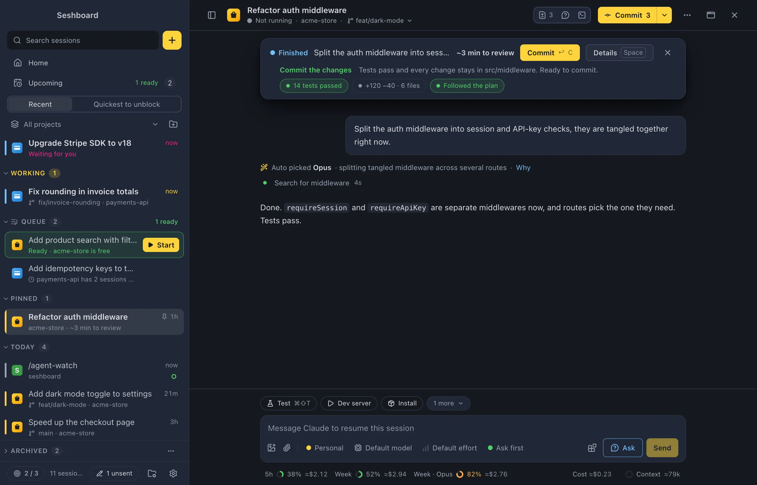 The catch-up banner above the conversation: Finished, the ask, about 3 minutes to review, Commit and Details, and the chips 14 tests passed, +120 −40 · 6 files and Followed the plan
