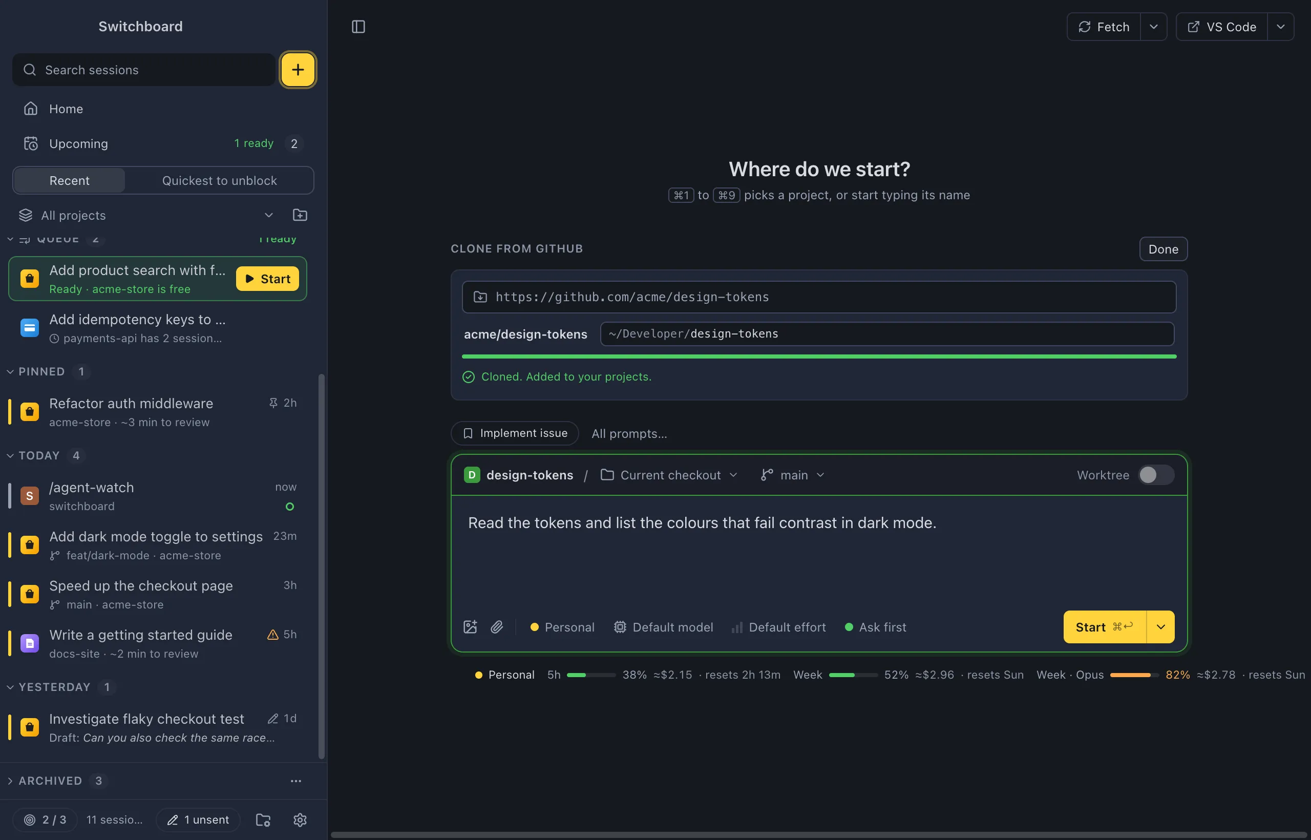 New session with the Clone from GitHub form: the URL of a repository, the folder it goes in under ~/Developer, the finished clone added to your projects, and a prompt in the message box under it