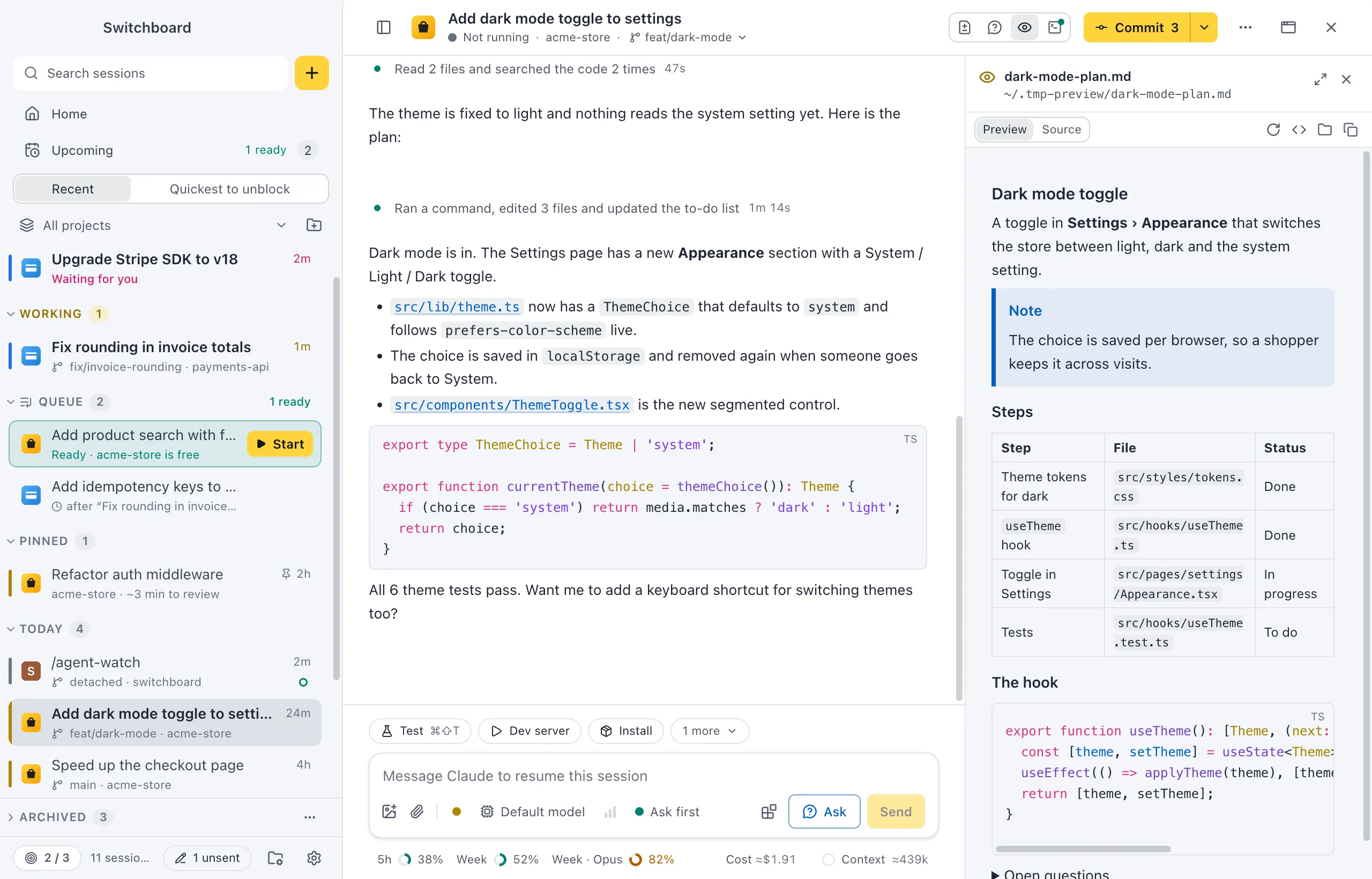 A session with a Markdown plan open in the side panel: a heading, a Note alert, a table of steps, a code block and a folded Open questions block