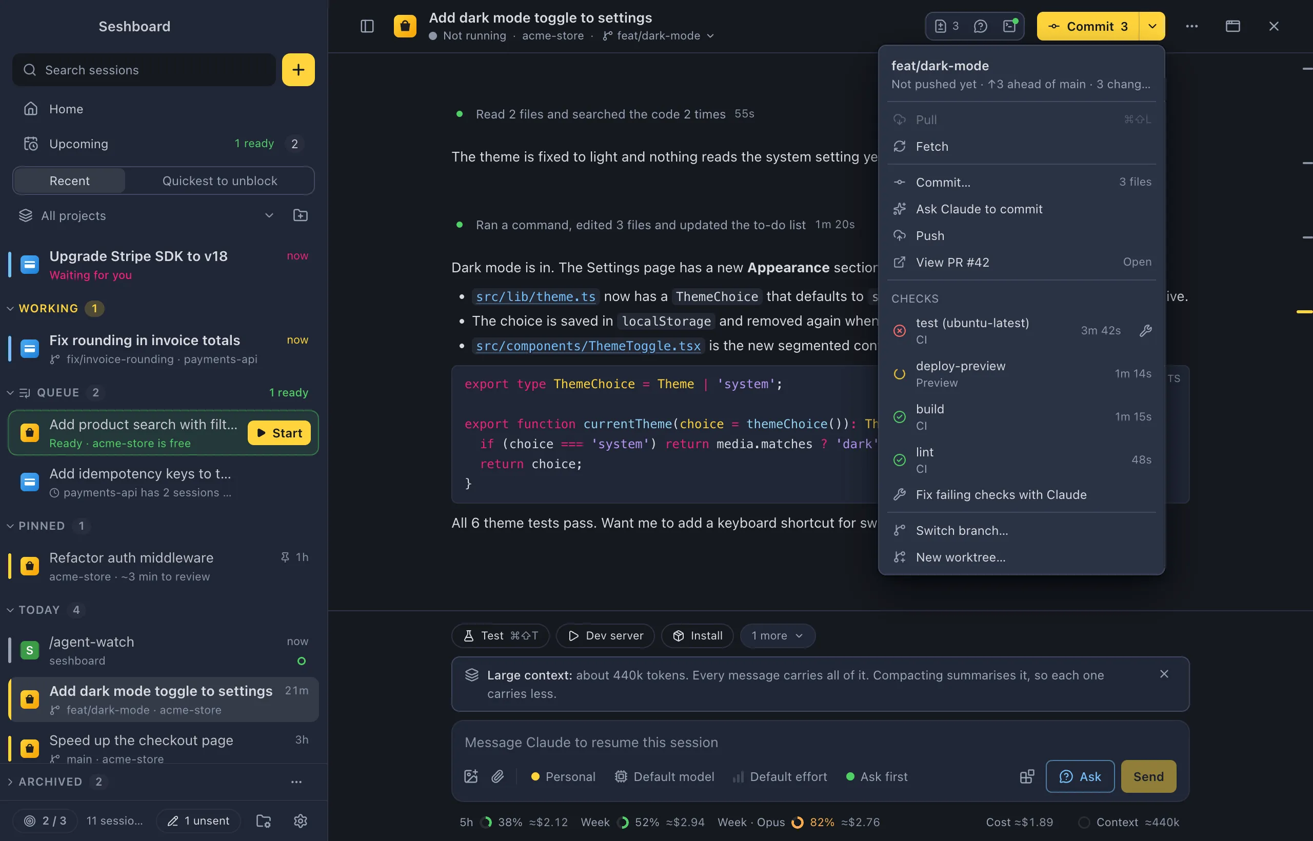 The git menu with View PR #42 and a Checks group: a failed test job with a Fix with Claude button, a running deploy preview, build and lint passed, then Fix failing checks with Claude