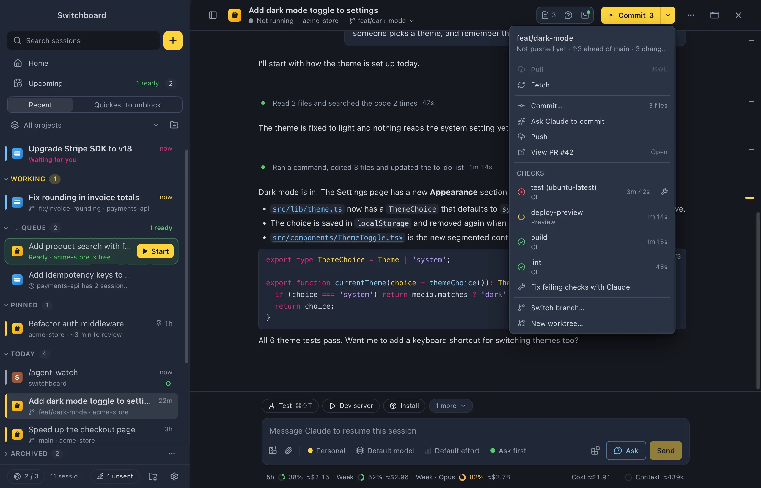 A session with the git button showing the pull request's checks, one failing, and Fix failing checks with Claude