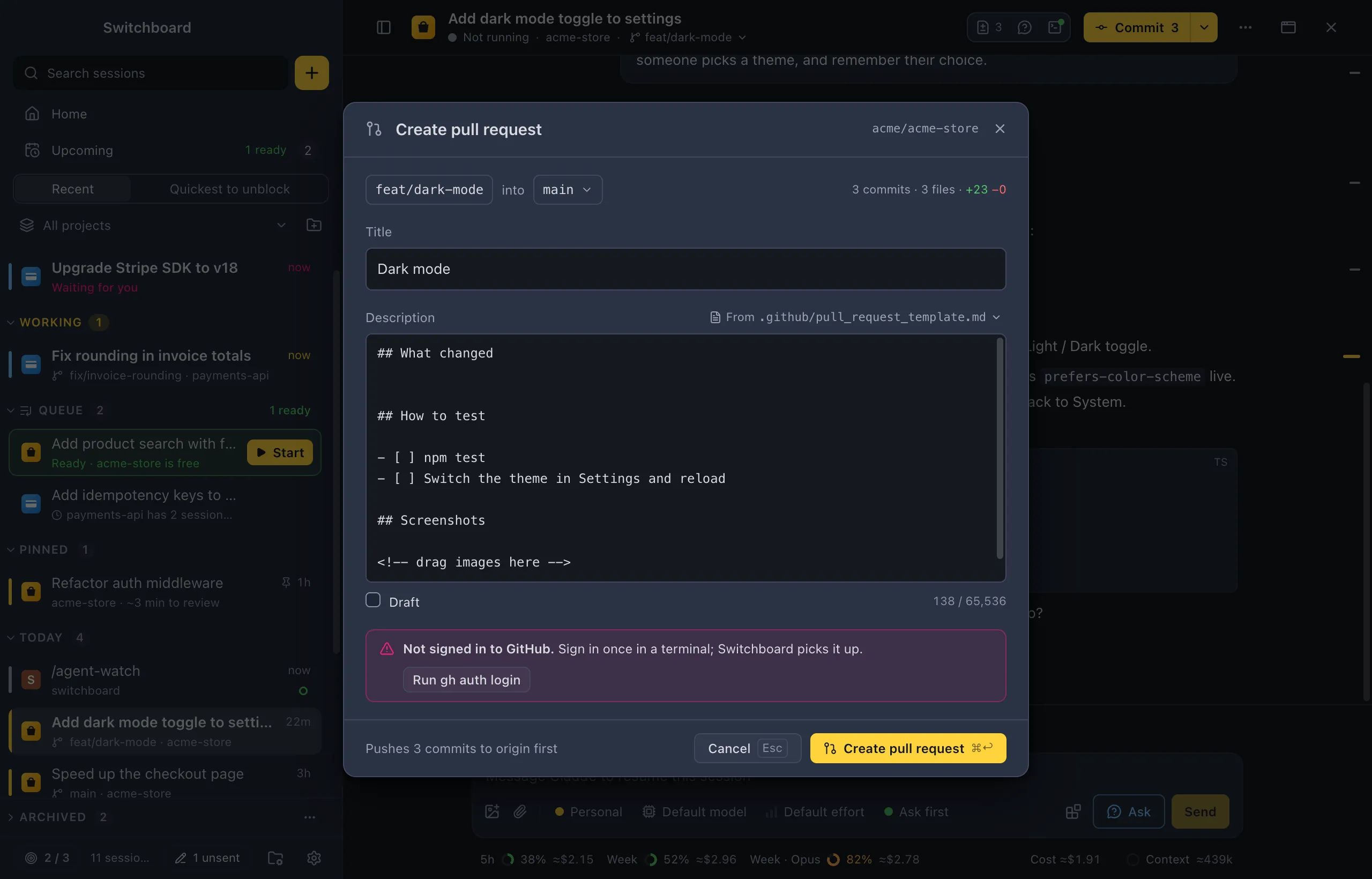 The Create pull request dialog with the notice Not signed in to GitHub. Sign in once in a terminal; Seshboard picks it up, and a Run gh auth login button