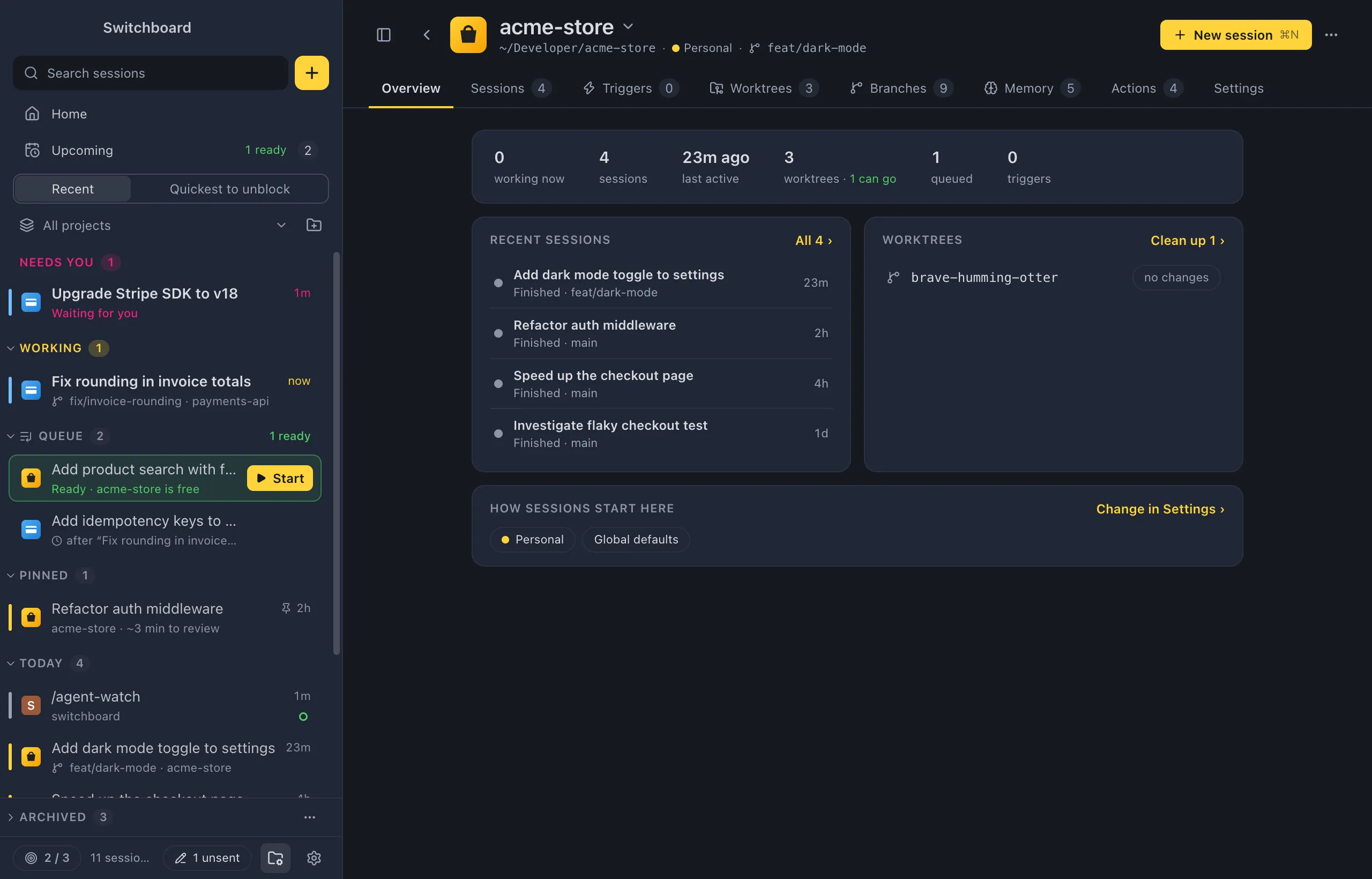 A project page for acme-store: the project's icon and name with its switcher, its folder and branch, the previous and next buttons, New session and the ⋯ menu, and the tabs Overview, Sessions, Triggers, Worktrees, Branches, Memory, Actions and Settings