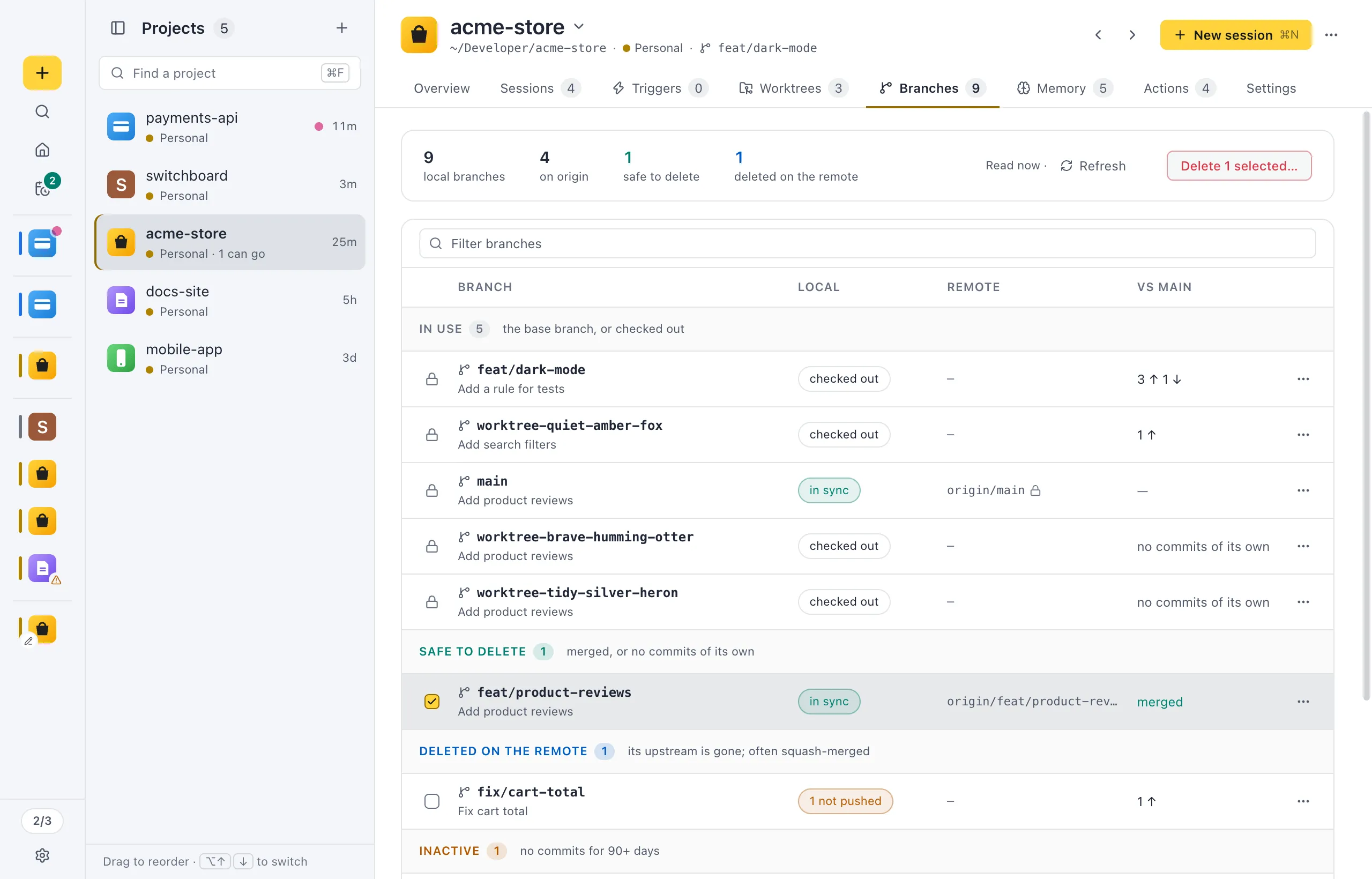 The Projects view: the list of projects on the left, each with its icon, name, profile and worktree hint, and the open project's page on the right with its tabs