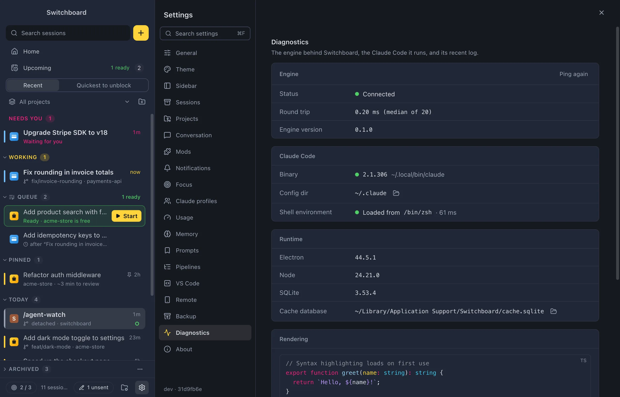 Settings on Diagnostics: the Engine, Claude Code and Runtime cards, a Rendering sample and the Engine log