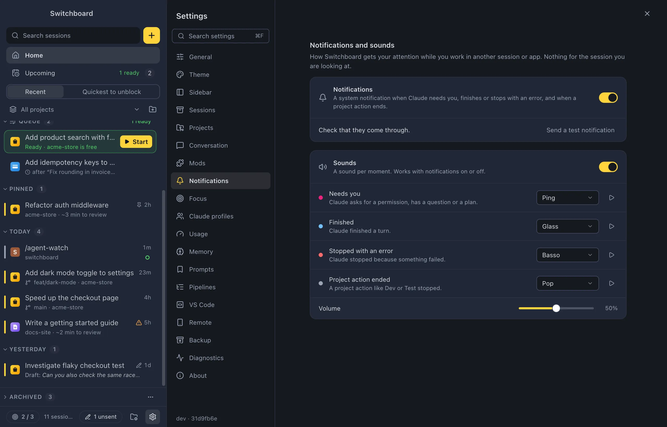 Settings on Notifications and sounds: the Notifications card with its switch and Send a test notification, and the Sounds card with a row for Needs you, Finished, Stopped with an error and Project action ended, each with a sound and a play button, and Volume at the bottom