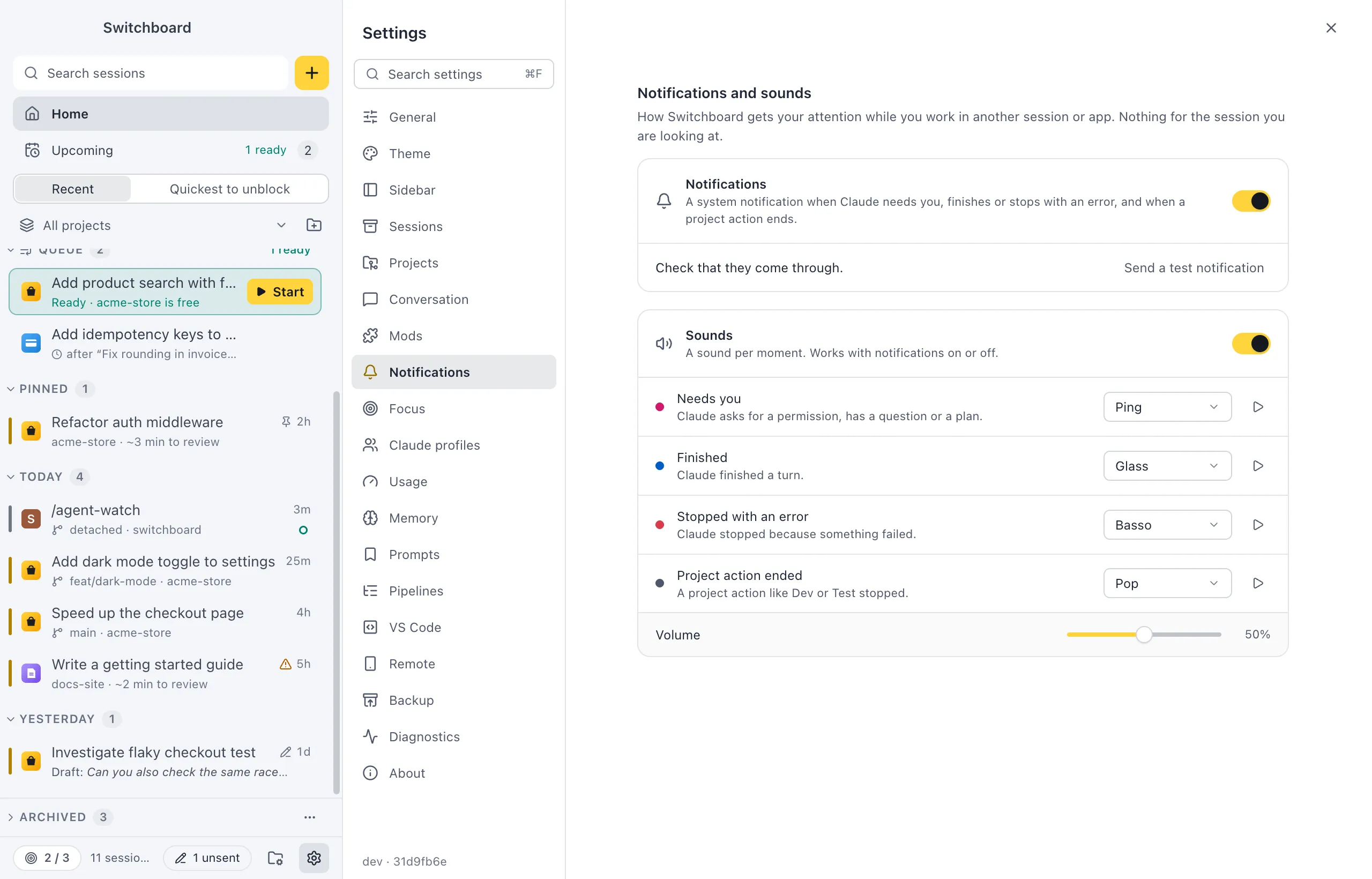 Settings on Notifications and sounds: the Notifications card with its switch and Send a test notification, and the Sounds card with a row for Needs you, Finished, Stopped with an error and Project action ended, each with a sound and a play button, and Volume at the bottom