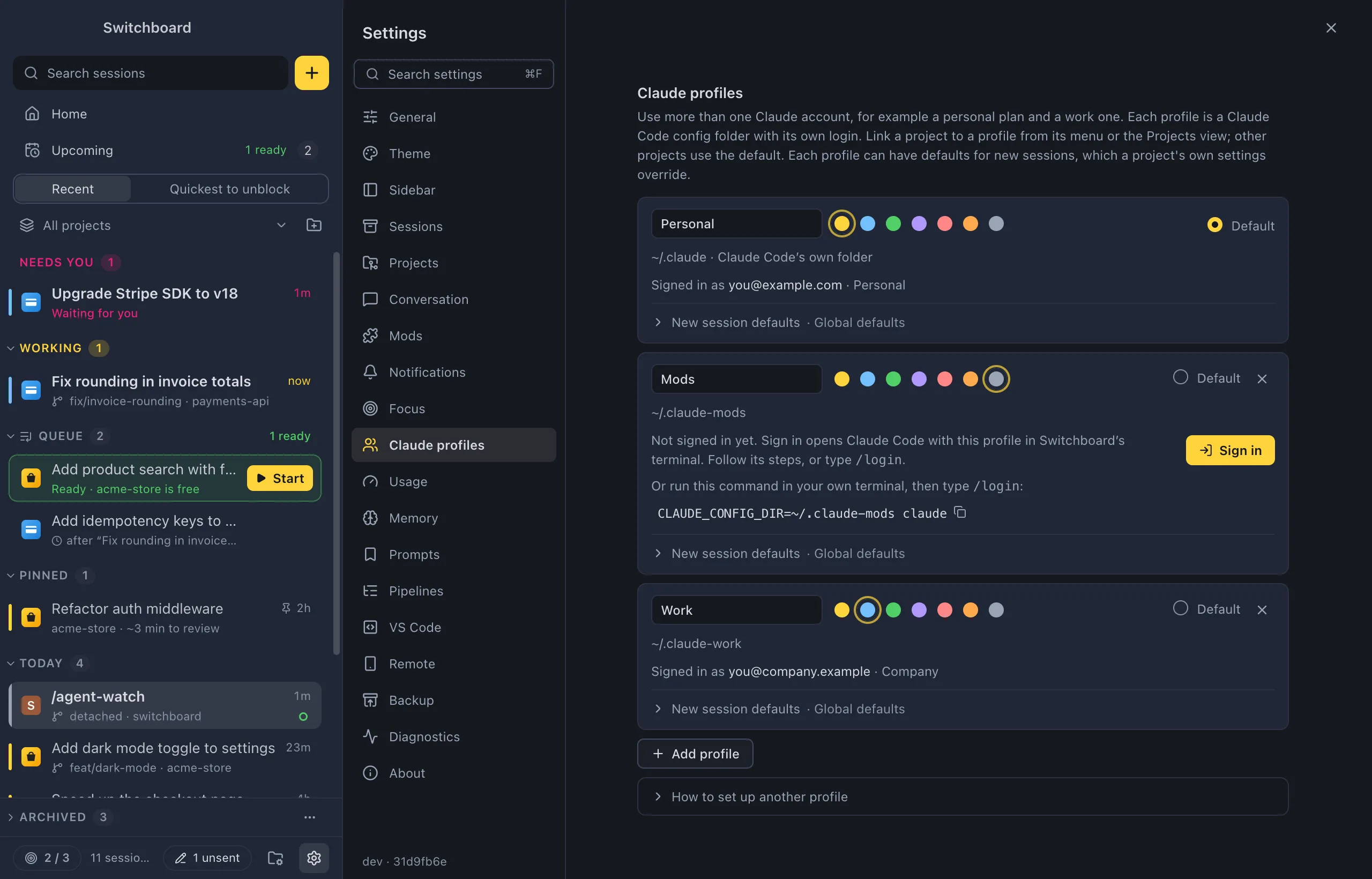Settings on Claude profiles: a Personal profile in yellow and a Work profile in blue, each with its config folder, the account it is signed in with and the Default choice, then Add profile and How to set up another profile