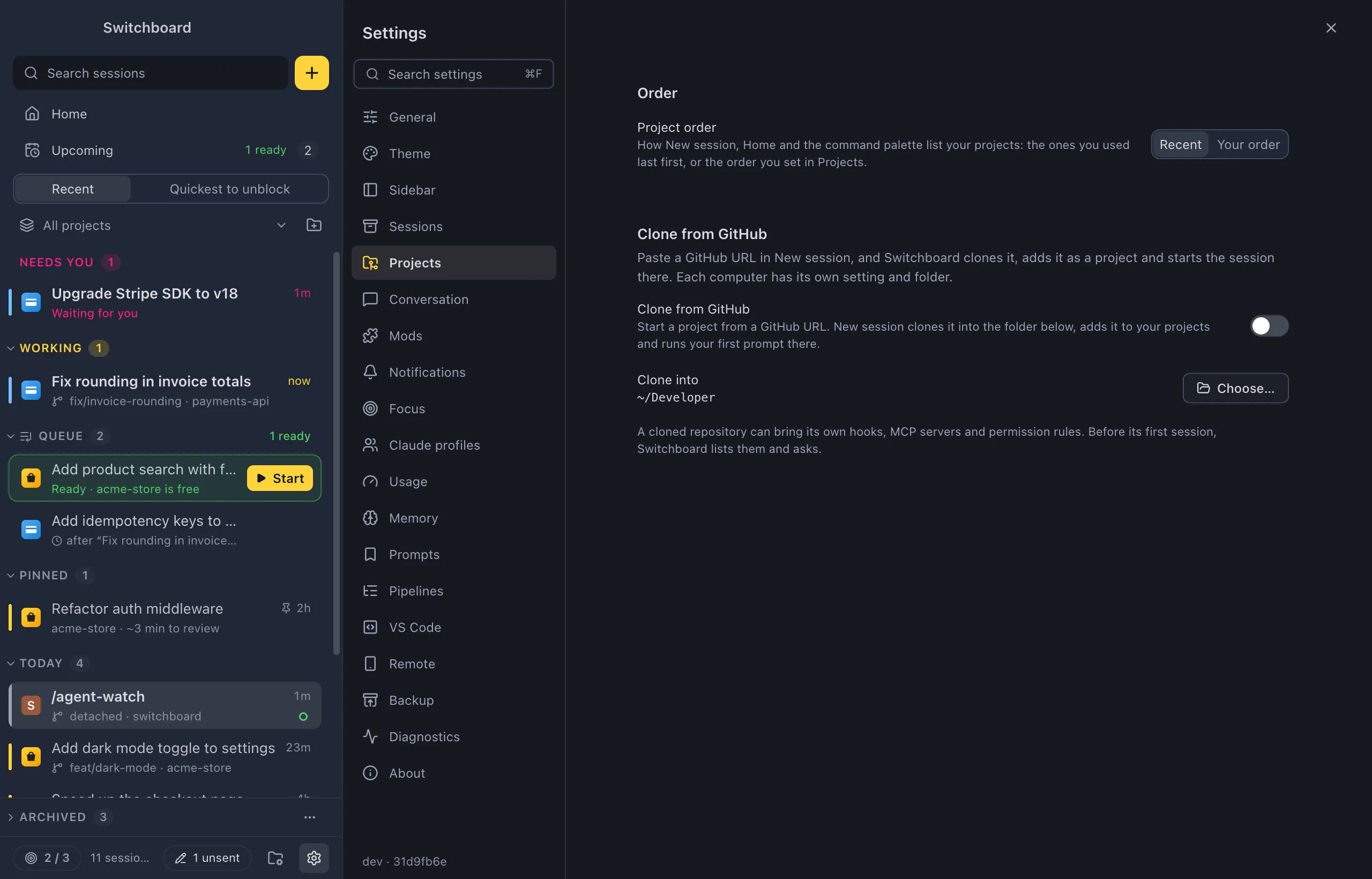 Settings on Projects: Project order with Recent and Your order, and Clone from GitHub off, with Clone into and its Choose… button