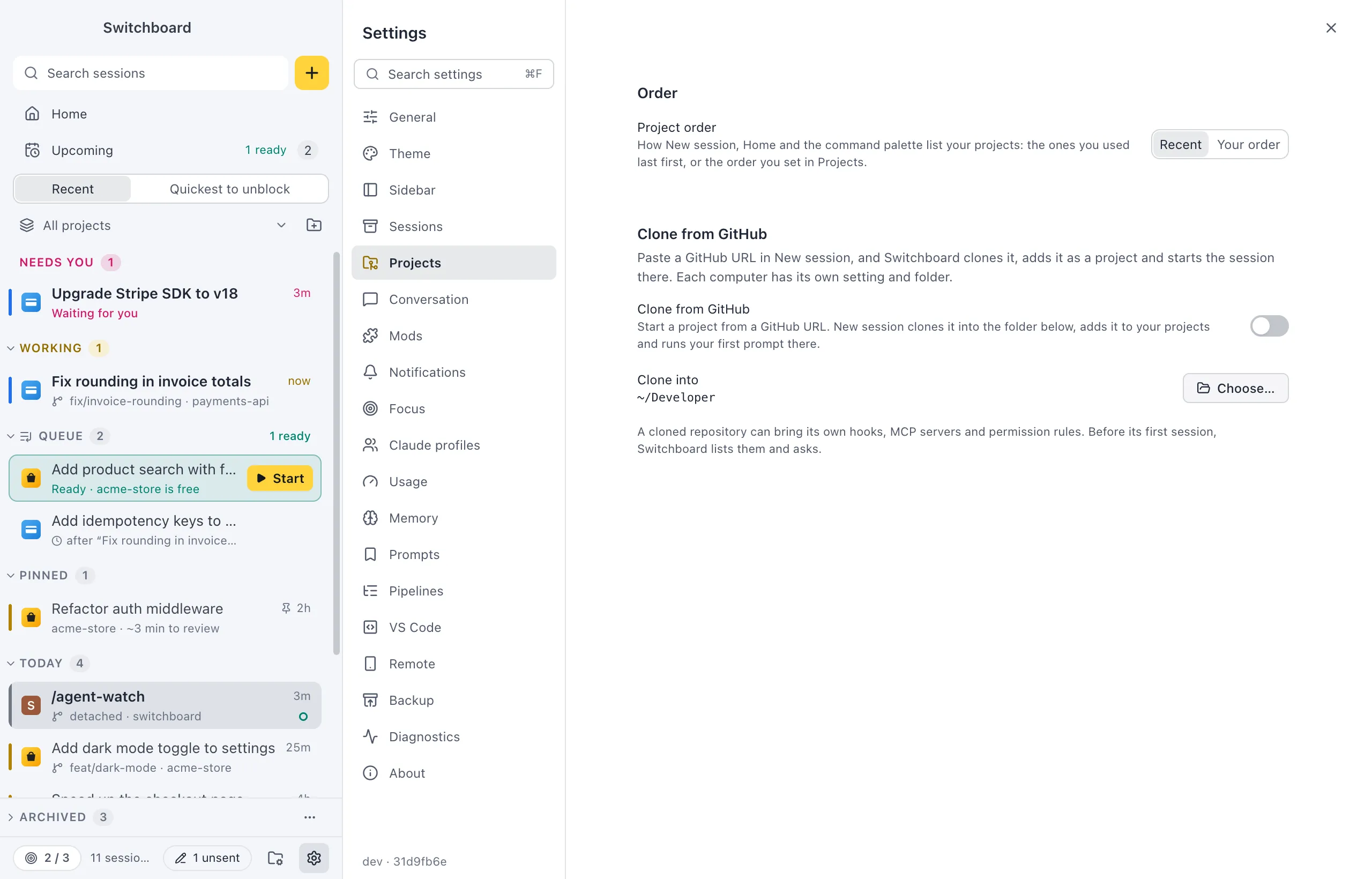 Settings on Projects: Project order with Recent and Your order, and Clone from GitHub off, with Clone into and its Choose… button