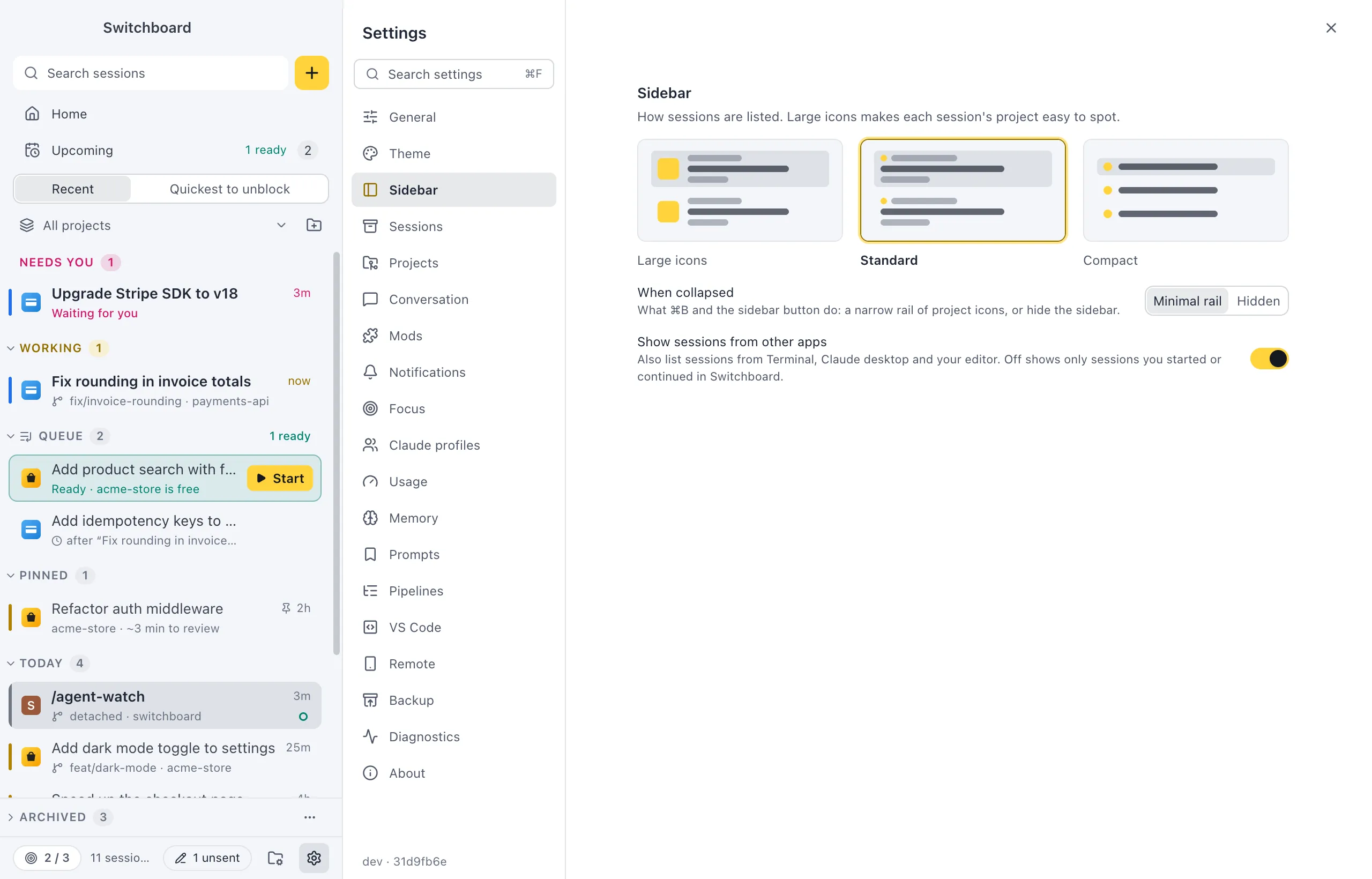 Settings on Sidebar: three previews for Large icons, Standard and Compact, the When collapsed control, and the Show sessions from other apps switch