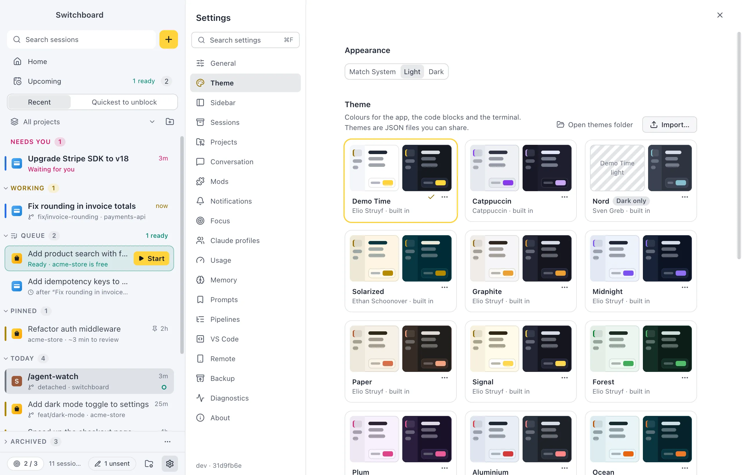 Settings on Theme: the Appearance control, the theme cards with light and dark previews, and the Import… and Open themes folder buttons
