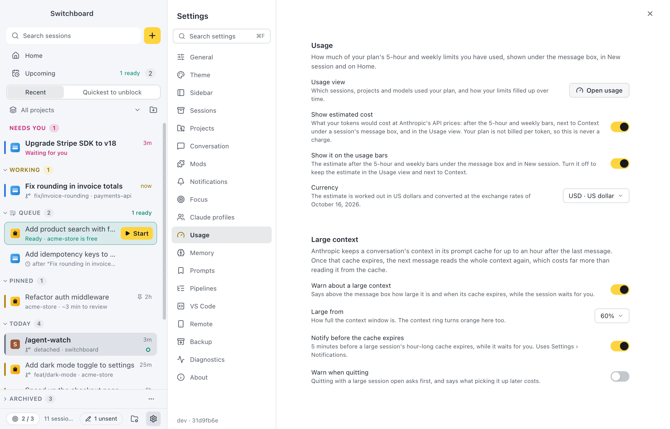 Settings on Usage: Open usage, the Show estimated cost and Show it on the usage bars switches, Currency set to US dollar, and under Large context the Warn about a large context switch, Large from at 60%, Notify before the cache expires and Warn when quitting
