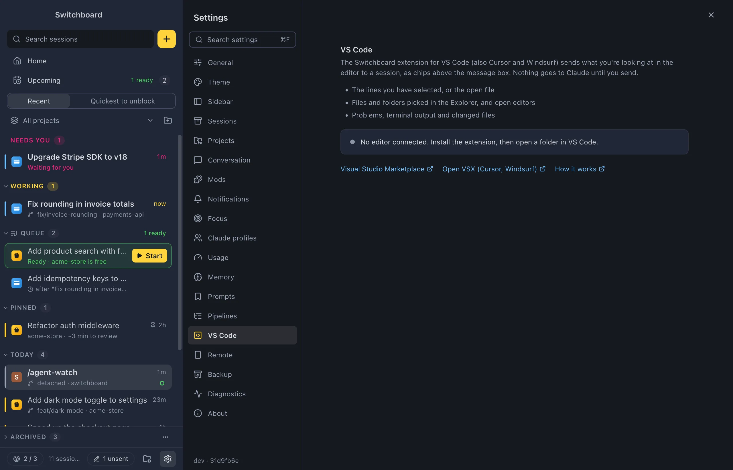 Settings on VS Code: what the extension sends, a status line saying whether an editor is connected, and links to the Visual Studio Marketplace, Open VSX and How it works