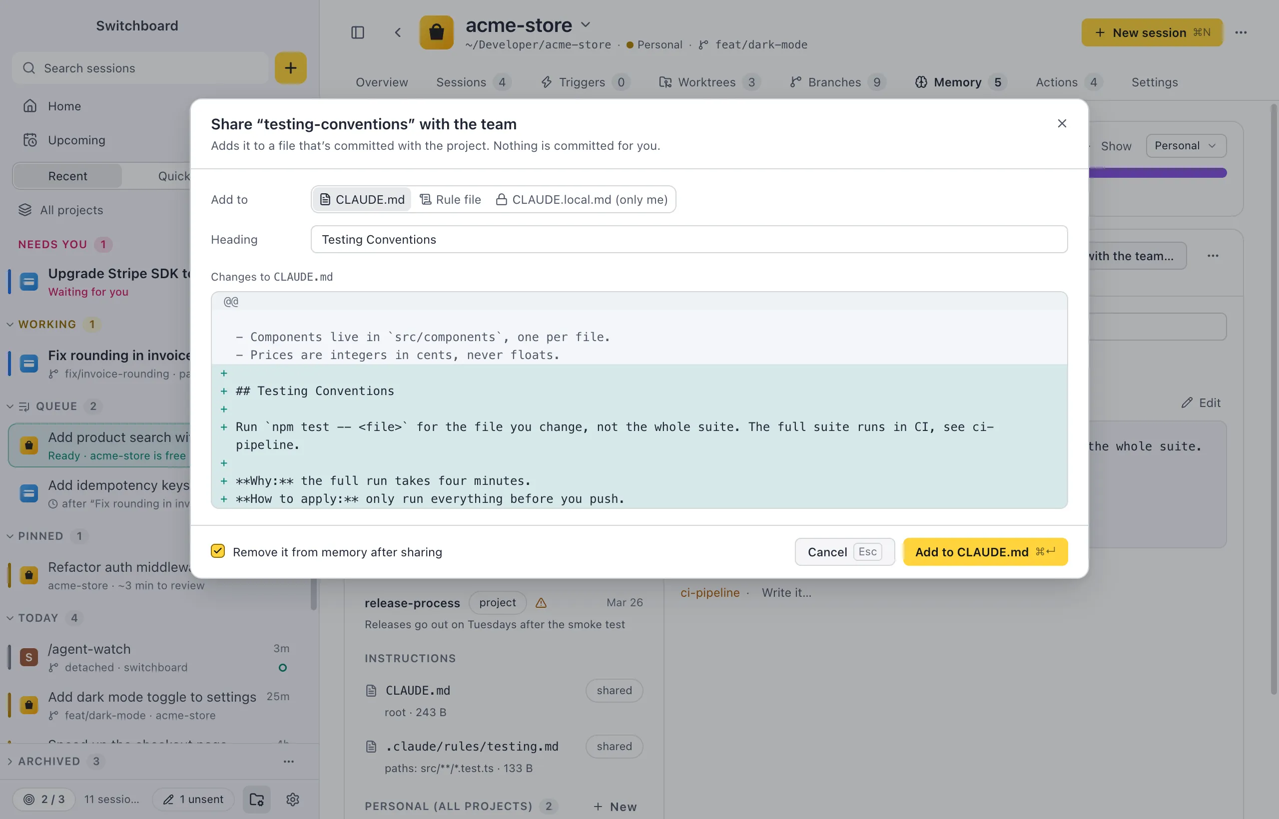 The Share with the team dialog: Add to with CLAUDE.md, Rule file and CLAUDE.local.md (only me), the Heading field, and a preview of the lines it adds to CLAUDE.md