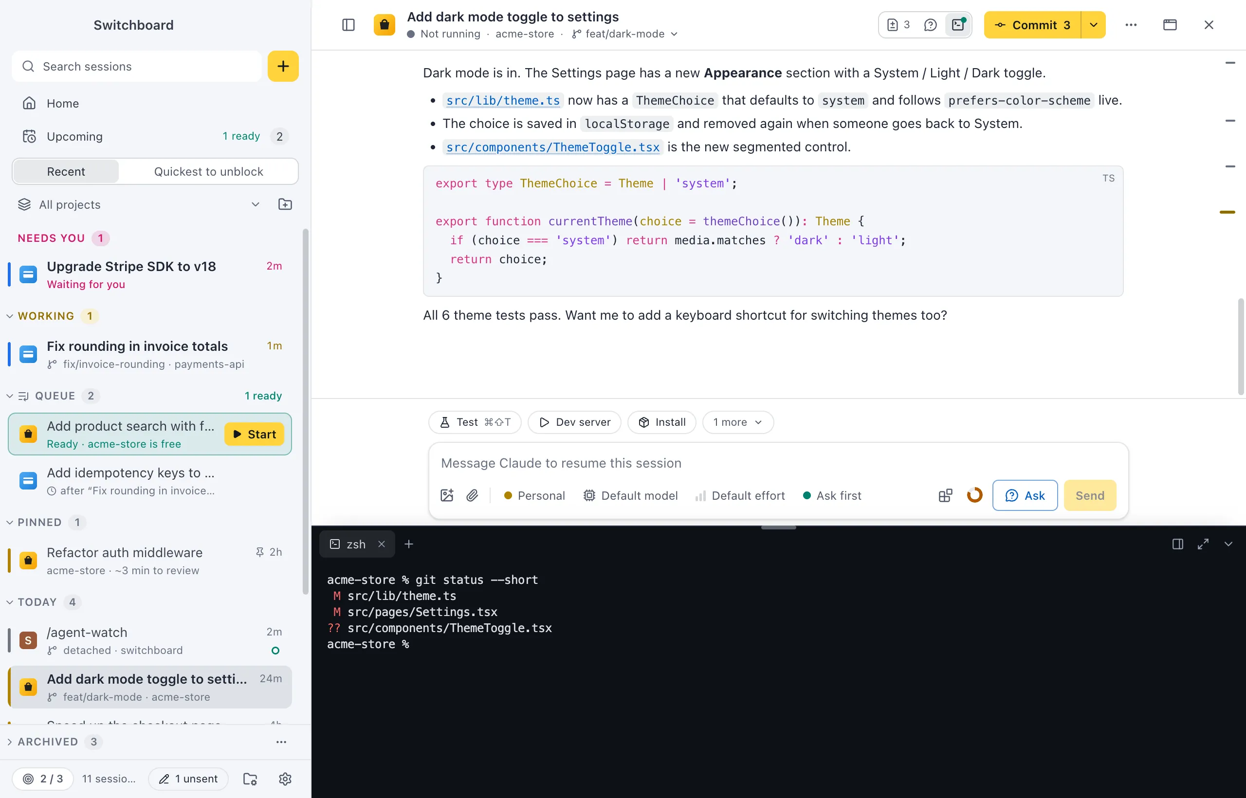 A session with the terminal panel open below the conversation: tabs at the top, a shell with output, and buttons to dock, maximize and hide the panel