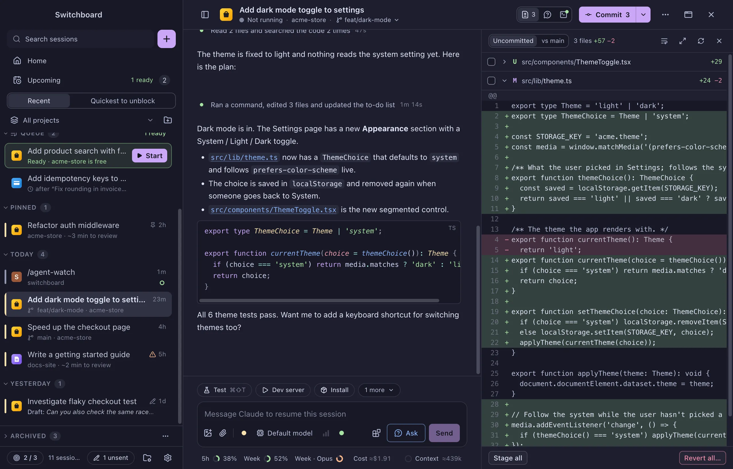 The main window in the Catppuccin theme: the sidebar, a conversation and the Changes panel in Catppuccin's colours